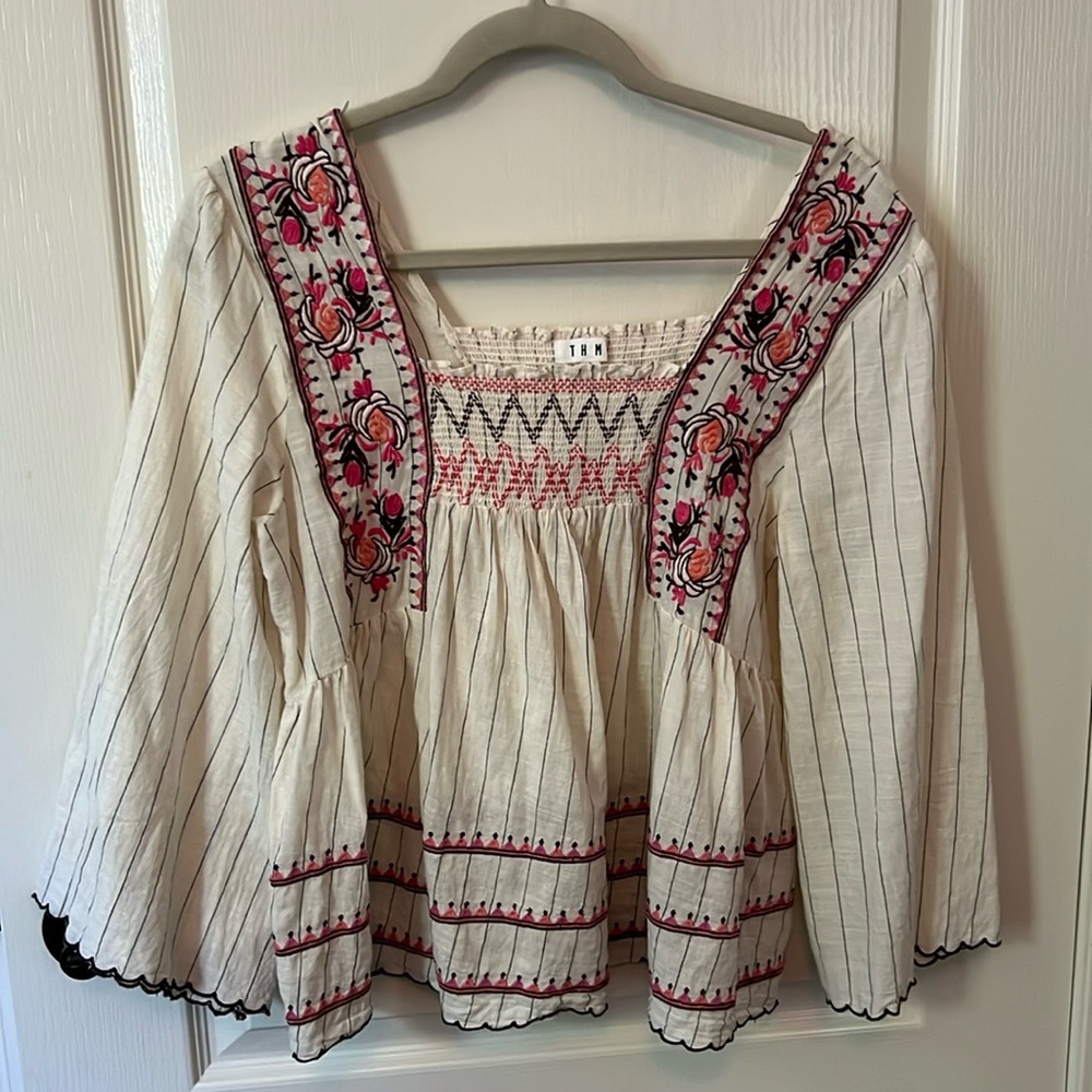 Boho style square neck embroidered top
